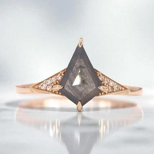 Kite Cut Salt and Pepper Diamond Ring 1.21 Ct, Sparkle Diamond 14K Solid Rose Gold Wedding Ring, Unique Vintage Engagement Ring Gift for Her