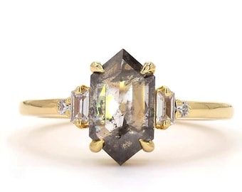 Hexagon Cut Salt and Pepper Diamond Ring 2.10 Ct | 10.90 MM | 14K Solid Yellow Gold Bezel Promise Ring, Vintage Engagement Ring Gift for Her