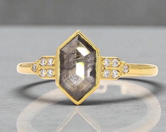 Salt and Pepper Diamond Ring 1.36 Ct | 9.45 MM | 14K Solid Yellow Gold Bezel Wedding Ring | Vintage Hexagon Engagement Ring, Gift for Her