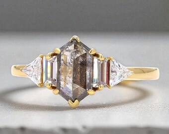 Hexagon Cut Salt and Pepper Diamond Ring 1.48 Ct | 9.06 MM | 14K Solid Yellow Gold Bezel Wedding Ring | Vintage Engagement Ring Gift for Her