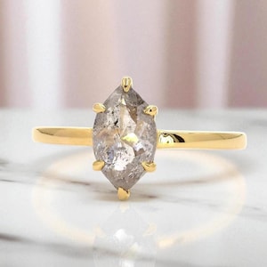 Marquise Cut Salt and Pepper Diamond Ring 1.45 Ct, Solitaire 14K Solid Yellow Gold Wedding Ring, Unique Vintage Engagement Ring Gift for Her