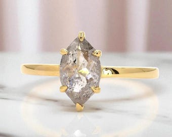 Marquise Cut Salt and Pepper Diamond Ring 1.45 Ct, Solitaire 14K Solid Yellow Gold Wedding Ring, Unique Vintage Engagement Ring Gift for Her
