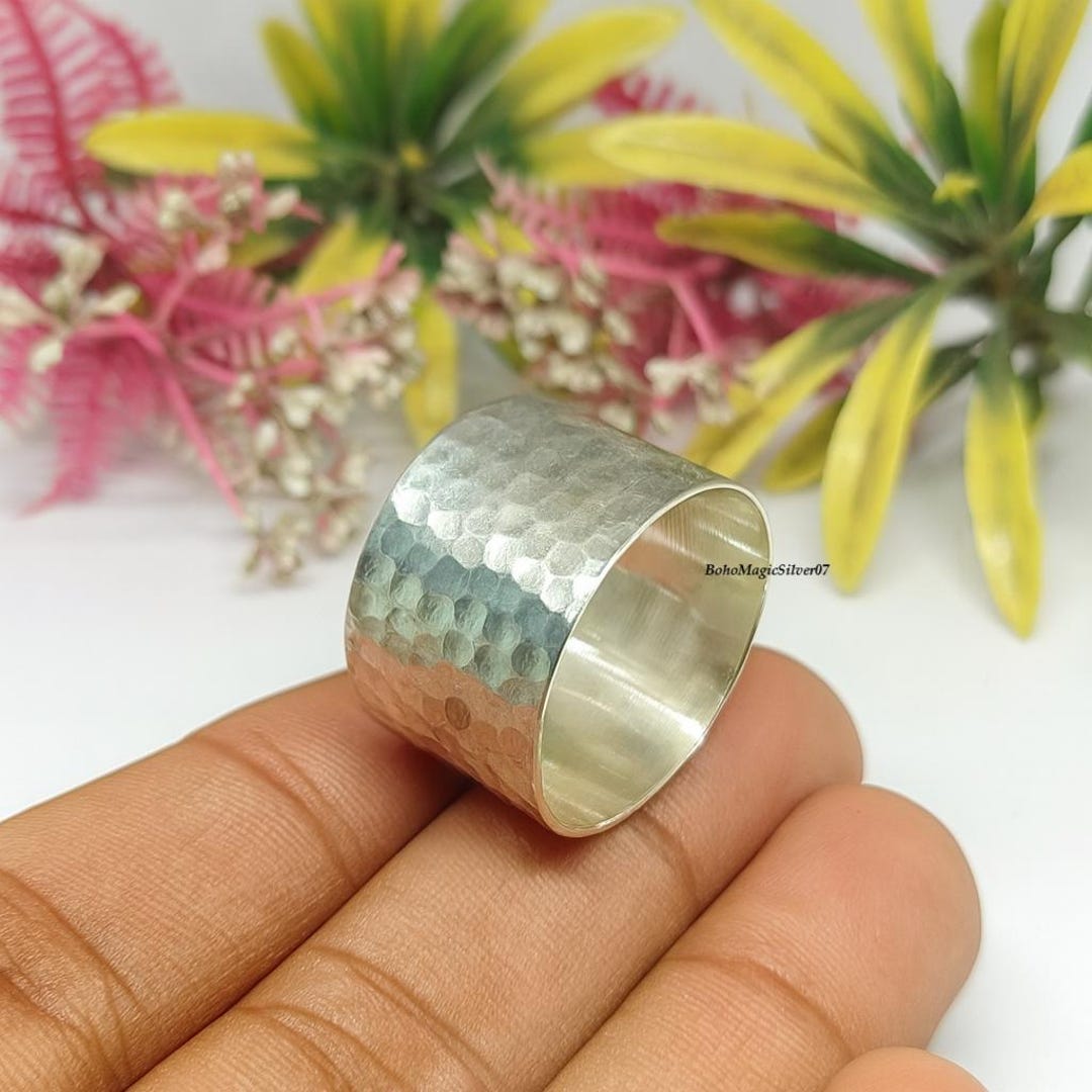 Hammered Wide Silver Band Ring | Textured Statement Ring | Handmade ...
