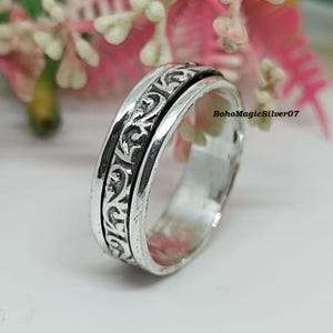 Oxidized Silver Spinner Ring with Vintage Engraving, Boho Tribal Ring for Men & Women, Antique Statement Ring, Handmade Gothic Jewelry