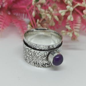 Amethyst Spinner Ring: 925 Sterling Silver Wide Band, Handmade Boho Jewelry