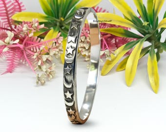 Star & Moon Symbol Sterling Silver Bangle, Bracelet For Men and Women, Thick Bangle