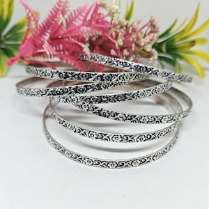 Oxidized Sterling Silver Bangle Set: Floral Engraved Indian Bracelets