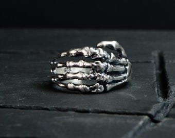 Skeleton Bone Ring, 925 Silver skeleton hand skull ring, goth occult edgy metal jewelry