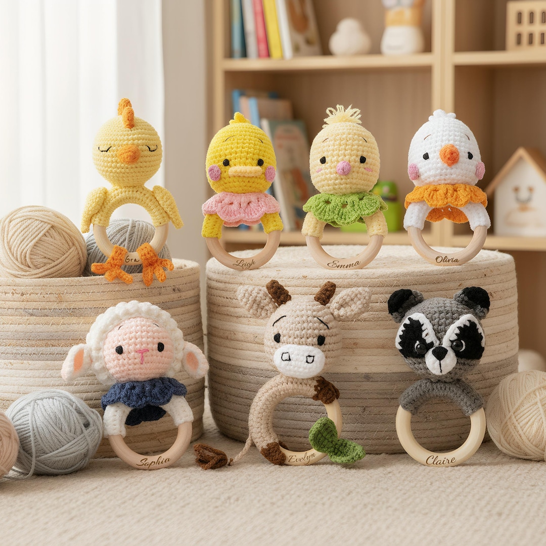 Customized Crochet Toy Rattles,animal Crochet Rattles,wooden Baby ...