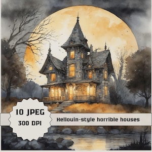 Haunted House Watercolor Print | Spooky Halloween Wall Art | Full Moon Gothic Home Illustration|  JPEG| 300DPI
