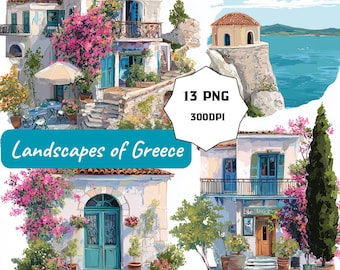 Santorini Grekland Clipart: Akvarell reseillustrationer (digital nedladdning i PNG)