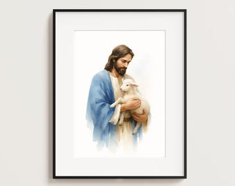 Jesus and the Lost Lamb – Christian Wall Art Printable, Jesus with Lamb Painting, Bible Scene Digital Download, Religious Watercolor art