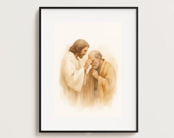 Jesus Healing the Blind – Christian Wall Art | Watercolor Minimalist Bible Scene | Printable A3 & 1:1 | Jesus Miracle Healing Artwork