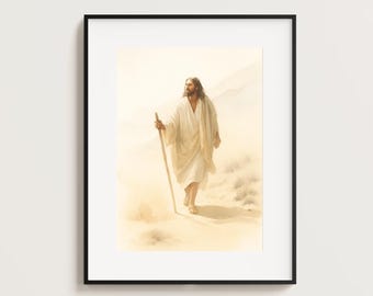 Jesus in the Desert – Temptation of Christ Wall Art | Minimalist Watercolor Christian Print | Spiritual Aesthetic Bible Scene Decor