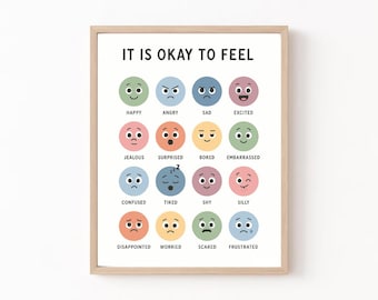 It Is Okay To Feel – Emotions Poster for Kids – Printable Feelings Chart – Classroom Mental Health Wall Art