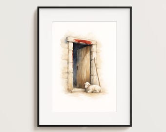 A Porta da Páscoa – Arte de Parede Cristã, Porta do Sangue do Cordeiro, Êxodo 12, Cena Bíblica em Aquarela, Decoração com Escrituras para Imprimir