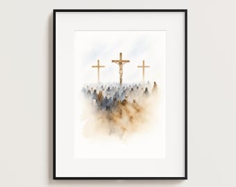 Three Crosses on Calvary – Watercolor Crucifixion Wall Art, Christian Easter Print, Digital Download, Minimalist Jesus on the Cross Painting