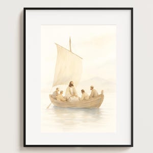 Puede incluir: Impresión en acuarela de un barco con vela, que transporta varias figuras sobre el agua. Las figuras visten túnicas de color claro. La obra de arte está enmarcada en un marco negro.