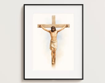 Jezus aan het kruis: de scène van de kruisiging | Aquarel christelijke kunst aan de muur. Het kruis van Christus | Bijbels schilderij Judea, digitale download