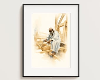 Noah Building the Ark – Watercolor Christian Wall Art, Bible Scene Print, Old Testament Decor, Noah’s Ark Painting, Scripture Poster
