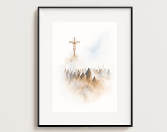 Jezus aan het kruis: de scène van de kruisiging | Aquarel christelijke kunst aan de muur. Het kruis van Christus | Bijbels schilderij Judea, digitale download