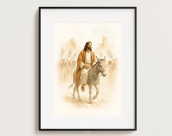Jésus chevauchant à Jérusalem - Art mural chrétien du dimanche des Rameaux, impression numérique de scènes bibliques, décoration bohème aquarelle foi, entrée de Jésus à Jérusalem