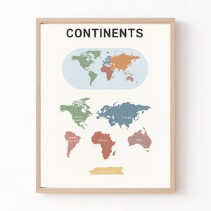 Continents Map Poster – Kids & Adult World Geography Wall Art – Printable Educational Classroom Decor - World Map Print