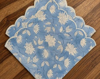 Blue and White Geometric Block Print Cloth Napkins, Floral Cotton Dinning Table Daily Use Napkins, Farmhouse Event Home Party Napkins