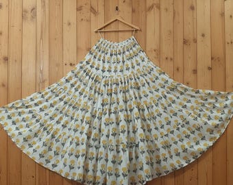 Hand Block Printed Cotton Maxi Skirt: Handmade Floral Long Skirt