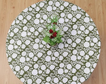 Green Floral Round Table Cloth, Indian Block Printed Cotton Floral Tablecloth, Dinning decor Boho Vintage Block Print Tablecloth