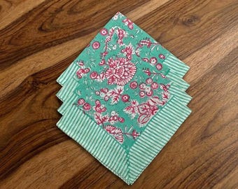 Hand Block Print Cotton Napkins, Floral Indian Table Decor, Jaipur Block Print Cloth Reusable Dinner Napkins, Housewarming Gift