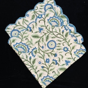 Coastal Blue Floral Block Print Napkins | Scalloped Edge Indigo Table Linen | French Country Farmhouse Decor | Wedding Gift