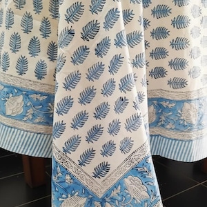 Blue Leaf Hand Block Print Tablecloth, Artisan Made Cotton Table Linen, Boho Dining Room Decor, Rectangular, Round, Square Table Cover