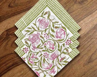 Green And White Mix and Match Napkin Set, Indian Block Print Napkins, Floral Cotton Dinning Table Daily Use Napkins, Cotton Cloth Napkins