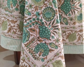 Green Floral Tablecloth, Indian Block Print Cotton Cover, Rectangle Table Linen for Dining, Wedding, Party, Home, Event, Farmhouse Decor