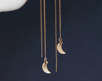 Crescent Moon Threader Earrings: Minimalist 14k Gold Filled Affirmation Jewelry