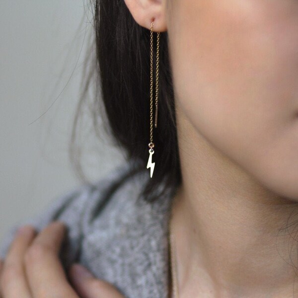 Dainty Pair of Lightning Bolt Threader Earrings: Minimal Small Thin 4.5"- 5"