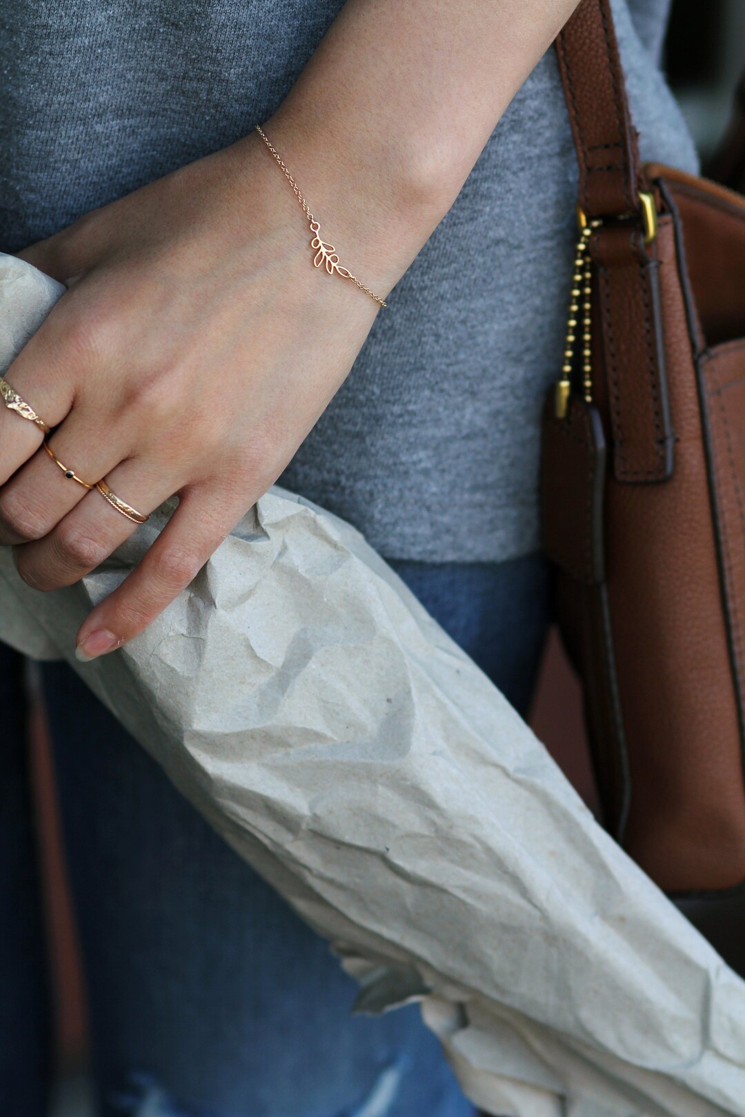 Patience Bracelet Dainty Gold Vermeil Olive Branch Bracelet Etsy