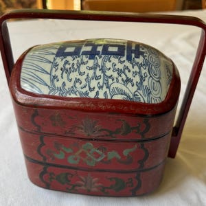 Vintage Chinese Wedding Basket with Porcelain Lid- Double Happiness Symbol and Painted Wood - Purse - Lunch Box - Free Shipping!