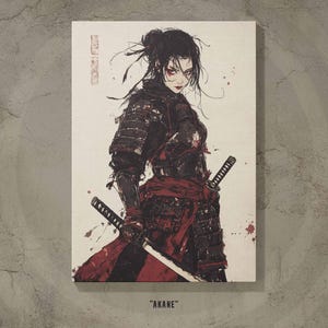Poster di guerriera samurai / Stampa artistica da parete giapponese / Stile manga dark fantasy / Illustrazione a inchiostro vintage