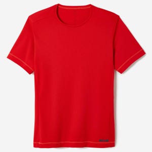 May include: A solid red short-sleeve t-shirt with a crew neck. The shirt has light-colored stitching along the seams of the sleeves and hem. A small, dark logo is visible near the bottom hem. The shirt is made of a smooth, lightweight material.