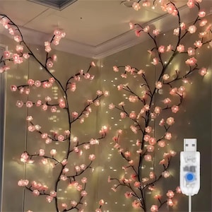 May include: Decorative cherry blossom branches with pink flowers and warm white lights. The branches are dark brown and have a USB plug for power. The lights create a soft, ambient glow, perfect for home decor.