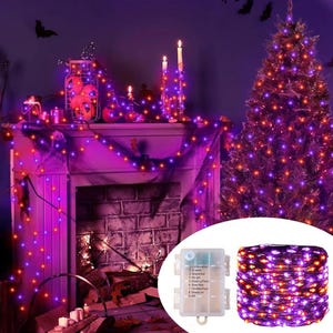 May include: Halloween-themed string lights with purple and orange LED bulbs. The lights are displayed on a fireplace mantel and a Christmas tree. A battery pack with multiple light settings is shown. The scene is decorated with candles and Halloween decor.
