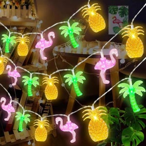 Flamingo Pineapple Palm Tree String Lights – 10/20 LED Battery Operated Tropical Party Decor, Wedding Lights, Summer Room Garland
