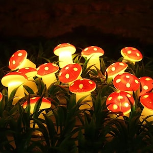 Può includere: Un gruppo di luci a forma di fungo con cappelli rossi e pois bianchi. Sono posizionate tra erba artificiale verde, creando un'atmosfera magica. La luce calda emana dai gambi dei funghi, perfette per la decorazione del giardino.