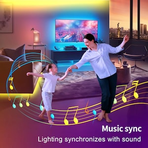 May include: A living room scene with a television and sound-synchronized lighting. The image shows a woman and child dancing. The text on the image reads "Music sync" and "Lighting synchronises with sound."