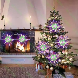 Può includere: Un albero di Natale decorato con ornamenti e luci, e luci a forma di fiocco di neve. Un camino con fuoco acceso e luci a fiocco di neve sullo sfondo. I regali sono sotto l'albero.