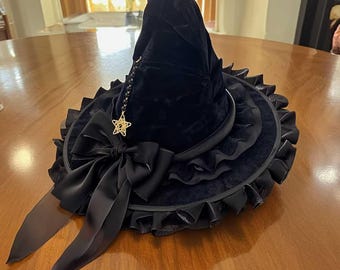 Elegant Witch Hat with Purple Bow, Ruched Gothic Wizard Hat for Women, Halloween Costume Accessory, Party or Masquerade Prop for Adults