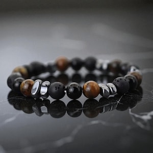 Black Onyx and Tiger Eye Natural Stone Bracelet, Adjustable Men&#39;s Protection Jewelry, Spiritual Healing Energy Gift for Him