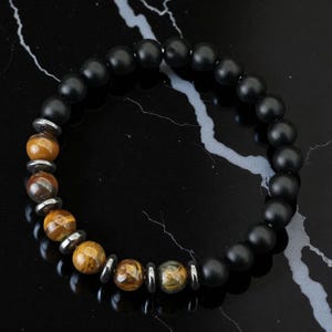 Pulseira de ônix preta e pedra natural olho de tigre | Pulseira de contas de cura e proteção espiritual para homens | presente para ele